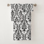 Conjunto De Toalhas Damasco Floral Negro Clássico Elegante em Branco<br><div class="desc">Toalha luxuosa do banheiro damasco em preto contra branco estrelado.</div>