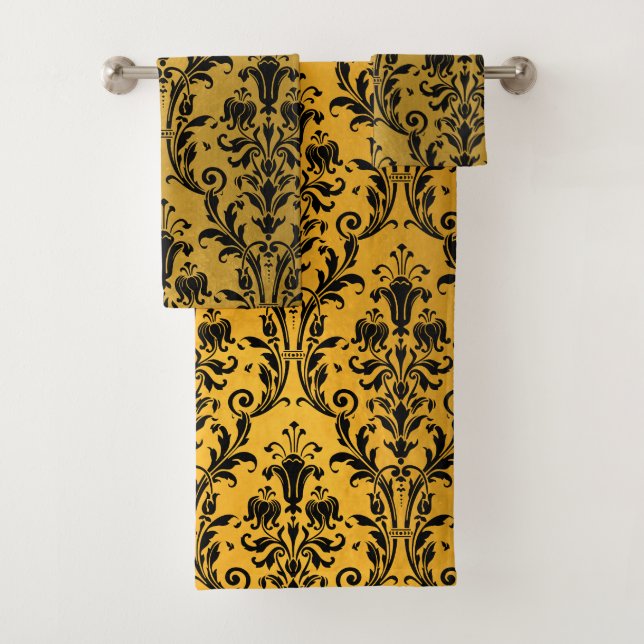 Conjunto De Toalhas Damasco Floral Preto Em Dourado (Insitu)