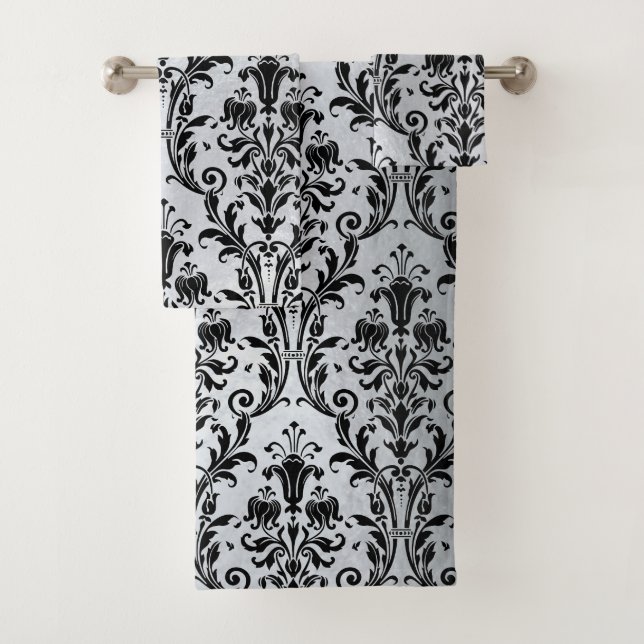 Conjunto De Toalhas Damasco Floral Preto Sobre Prata (Insitu)