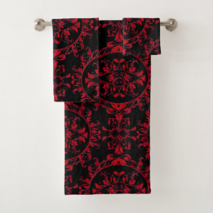 Conjunto De Toalhas Damasco floral vermelho festivo no grupo preto de