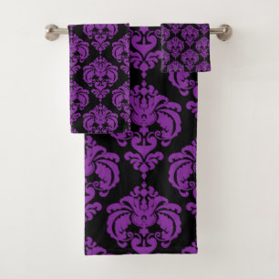 Conjunto De Toalhas Damasco Real de Glamour Roxo e Preto