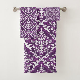 Conjunto De Toalhas Damasco roxo e branco feminino floral