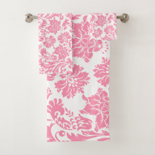 Conjunto De Toalhas Damascos florais cor-de-rosa e branco