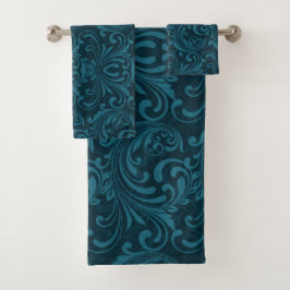 Conjunto De Toalhas Dark teal floral damask pattern