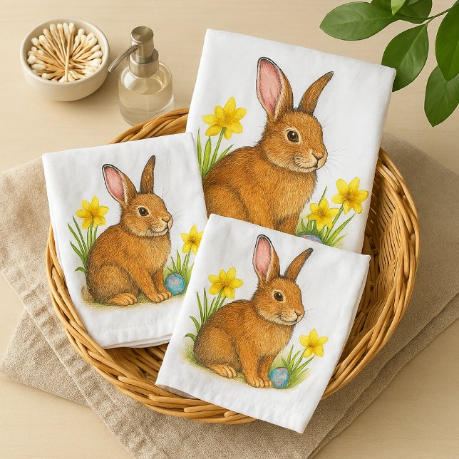 Conjunto de Toalhas de Banheiro Coelho de Páscoa A (springtime bath towel set with watercolor bunny rabbit artwork )