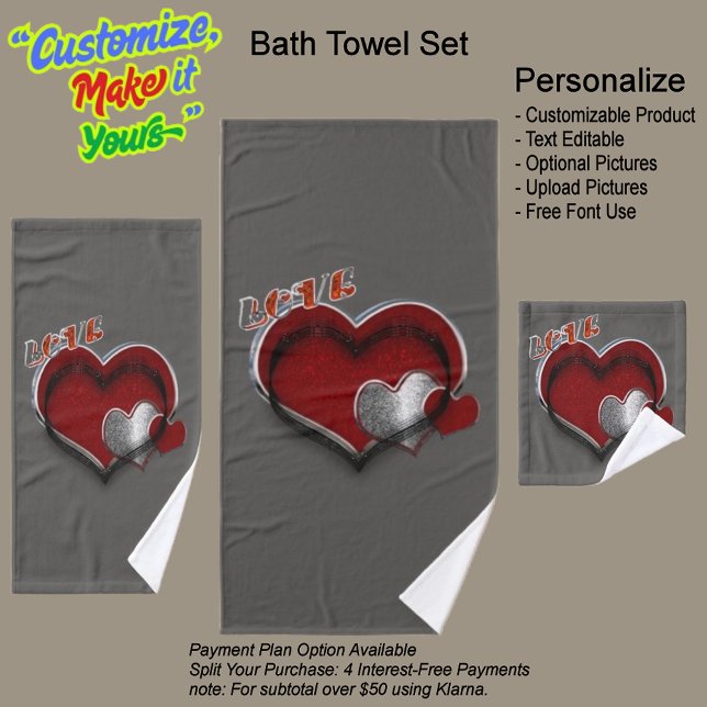 Conjunto de Toalhas de Banheiro de Carvões de Cora (Heart Magic Bathroom Towel Set Featuring a Gray Background.)