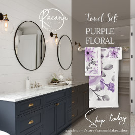 Conjunto de Toalhas de Banheiro Floral Roxo e Bran