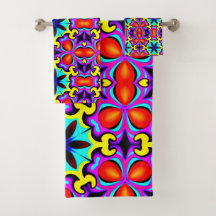 Conjunto de toalhas de banho amarelas e vermelhas