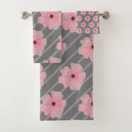 Conjunto de Toalhas de Banho com Flores Cor-de-Ros