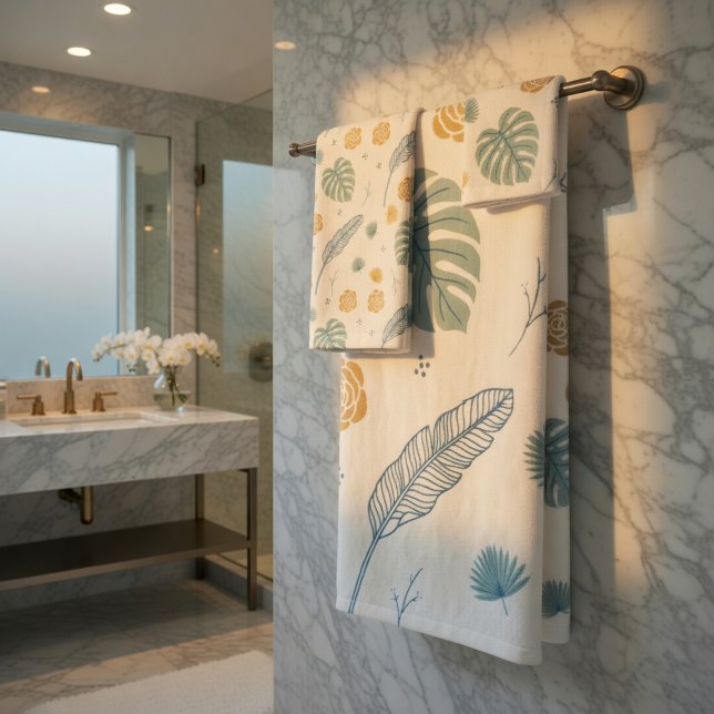 Conjunto de Toalhas de Banho com Folhas Tropicais  (Tropical Leaves & Monstera Pattern Bath Towel Set)