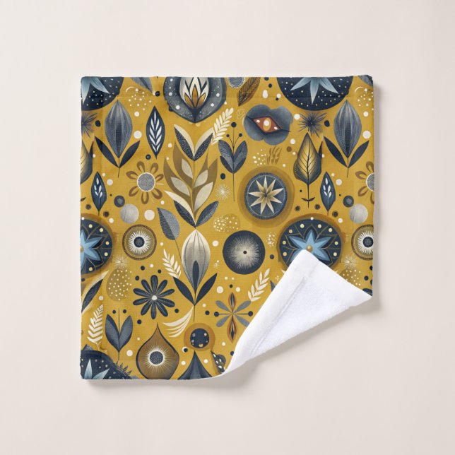Conjunto de Toalhas de Banho Florais Azul e Dourad (Pano de lavar)