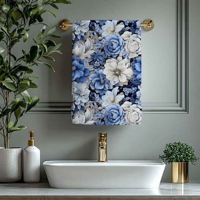 Conjunto de Toalhas de Banho Flores Azul Marinho L (Luxurious Navy Blue Flowers Bath Towel)