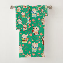 Conjunto de Toalhas de Banho Gatos da Sorte Maneki