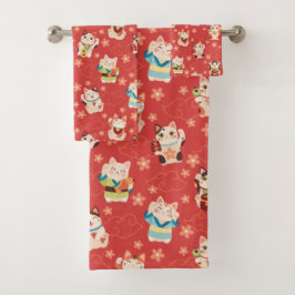 Conjunto de Toalhas de Banho Gatos da Sorte Maneki