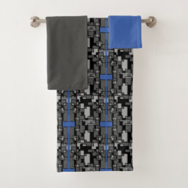Conjunto de Toalhas de Banho Geométricas Azul Cinz