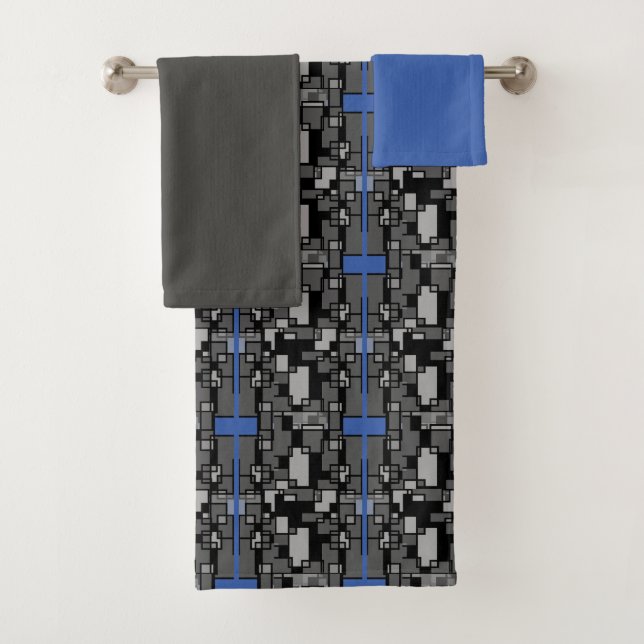 Conjunto de Toalhas de Banho Geométricas Azul Cinz (Insitu)