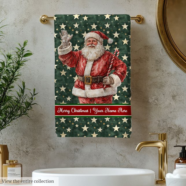 Conjunto de Toalhas de Banho Personalizadas de Pap (Retro Watercolor Santa Custom Bath Towel Set)