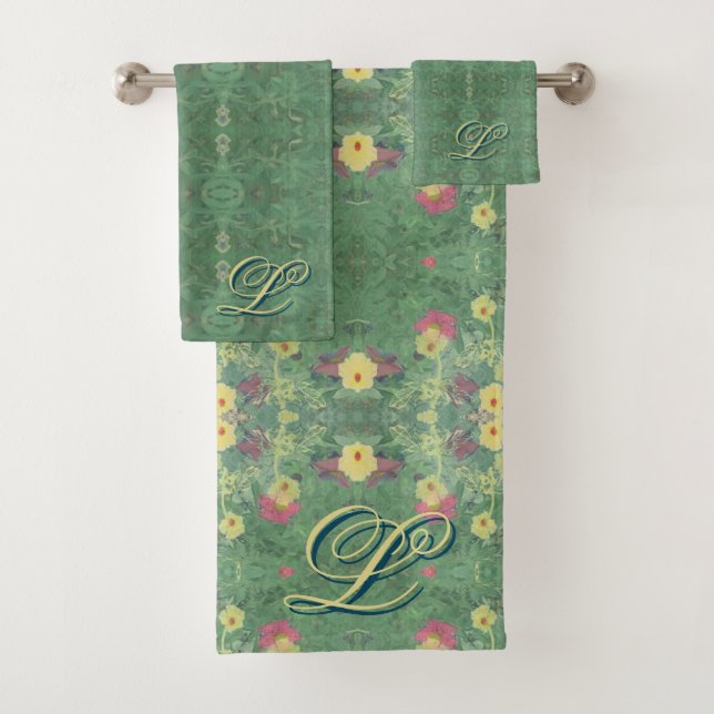Conjunto de Toalhas de Banho Verde Floral Monogram (Insitu)