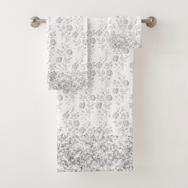 Conjunto de toalhas de gliteira flórica de prata E (Insitu)