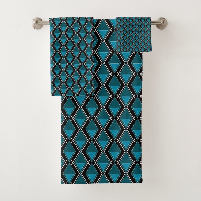 Conjunto De Toalhas deco do padrão geométrico preto azul (Insitu)