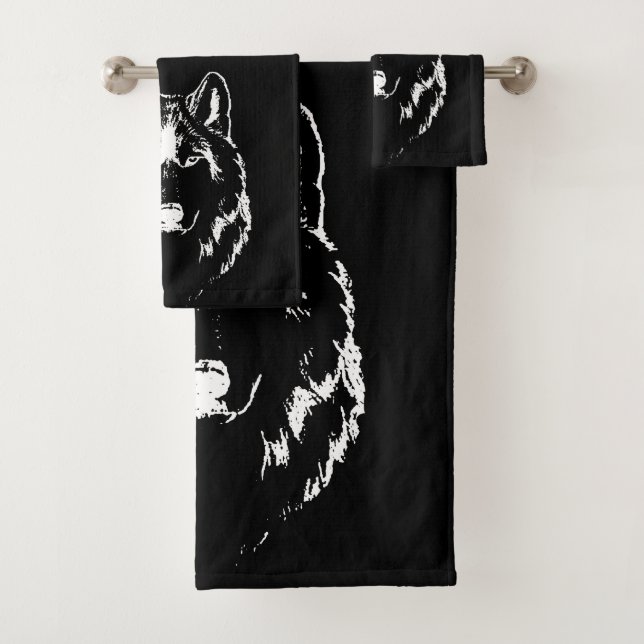 Conjunto De Toalhas Desenho Da Cabeça Do Lobo Negro E Branco Engraçado (Insitu)