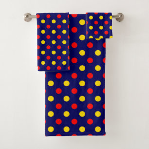 Conjunto De Toalhas Desenho de bolinhas vermelhas e amarelas em azul-m