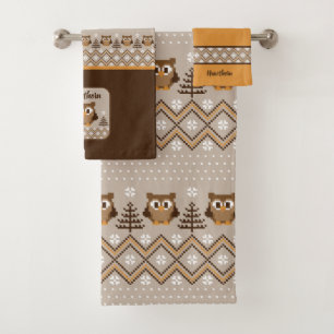 Conjunto De Toalhas Desenho de Coruja Retro em Tricô
