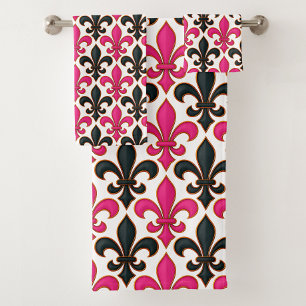 Conjunto De Toalhas Desenho de padrão Barroco Preto Rosa Fleur-de-lis