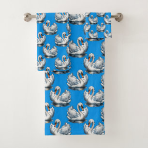 Conjunto De Toalhas Desenho de padrão de aves cisnes em azul 