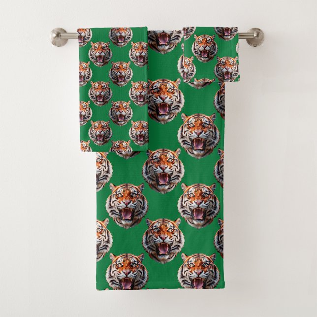 Conjunto De Toalhas Desenho de padrão de cabeça de tigre verde (Criador carregado)