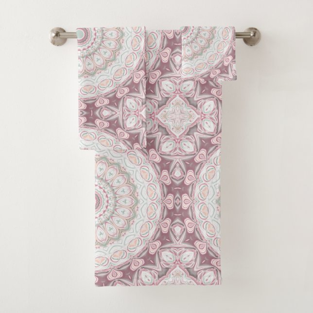 Conjunto De Toalhas Desenho de Padrão Mandala Rosa Bege e Verde Menta (Insitu)
