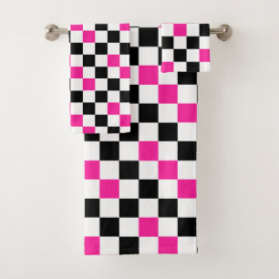 Conjunto De Toalhas Desenho de padrão xadrez rosa preto e branco