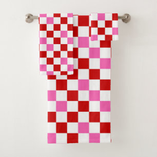 Conjunto De Toalhas Desenho de padrão xadrez vermelho branco rosa