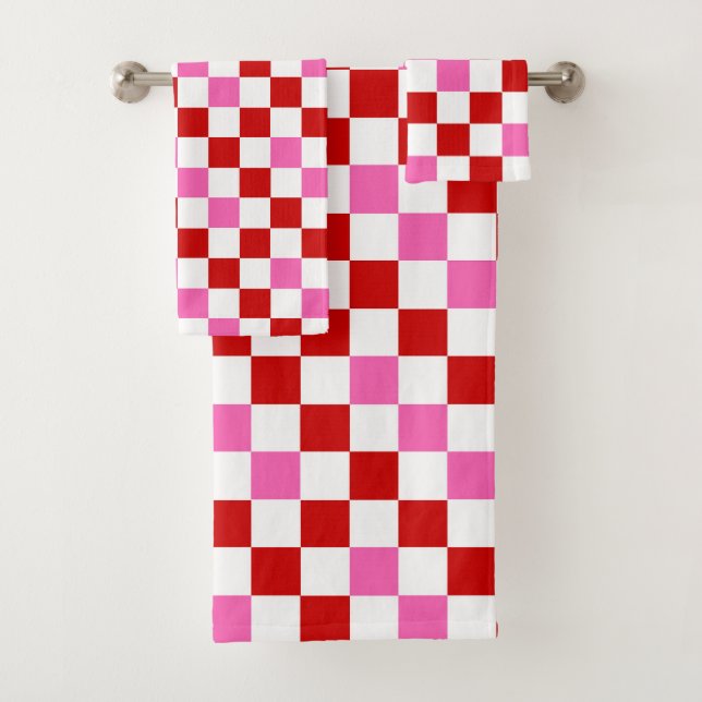 Conjunto De Toalhas Desenho de padrão xadrez vermelho branco rosa (Insitu)