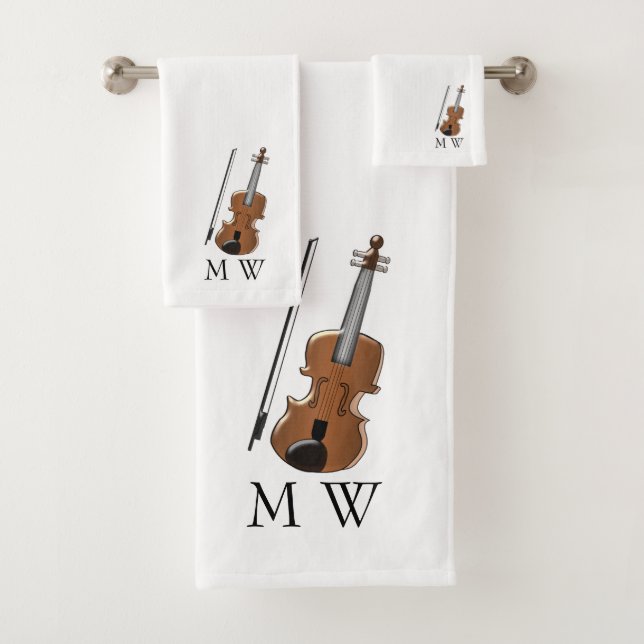 Conjunto De Toalhas Desenho de Violino Monogramado (Insitu)