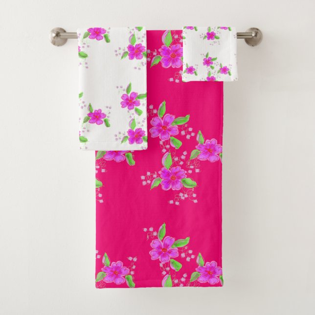 Conjunto De Toalhas Desenho Floral Rosa Brilhante Com Branco (Insitu)