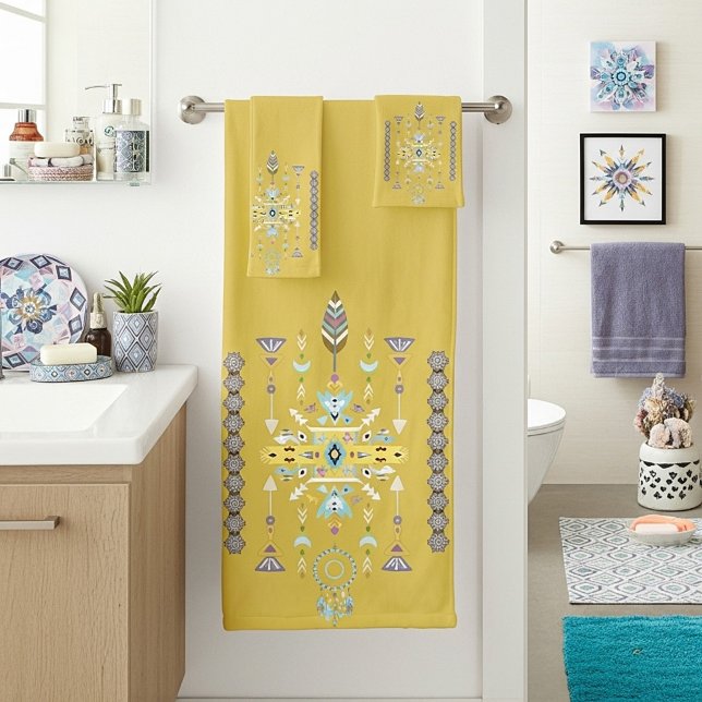 Conjunto De Toalhas Desenho tribal amarelo e verde (Criador carregado)
