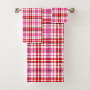 Conjunto De Toalhas Desenho Xadrez Escocês Branco Vermelho Rosa