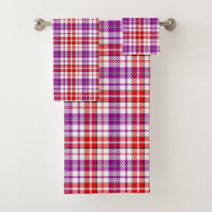 Conjunto De Toalhas Desenho Xadrez Escocês Branco Vermelho Roxo
