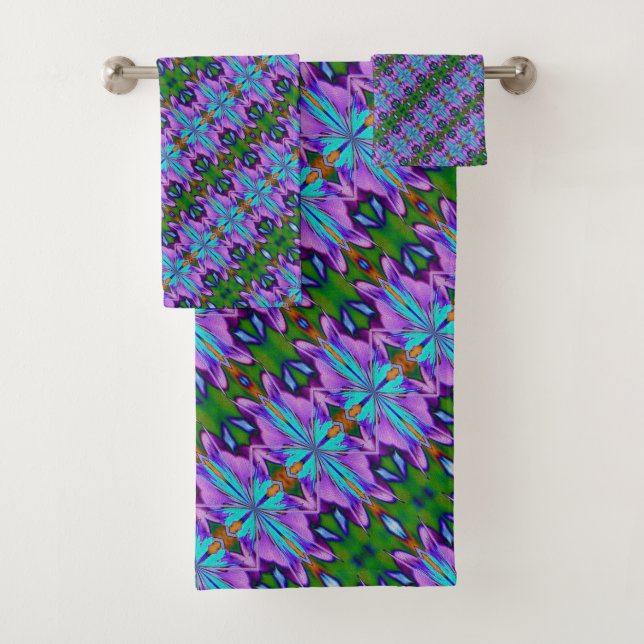 Conjunto De Toalhas Design Abstrato Verde Turquesa Roxo (Insitu)