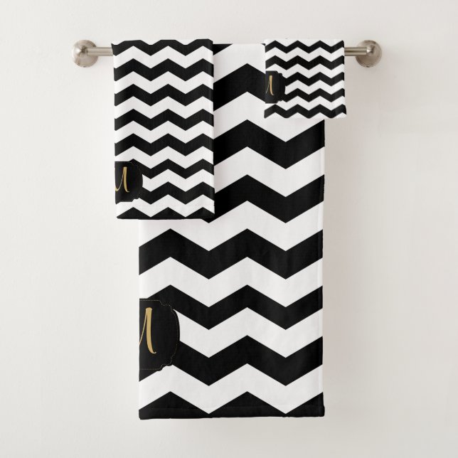 Conjunto De Toalhas Design Chevron Dourado, Branco e Preto (Insitu)