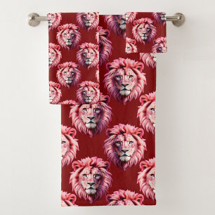Conjunto De Toalhas Design com Cabeça de Leão Rosa Borgonha