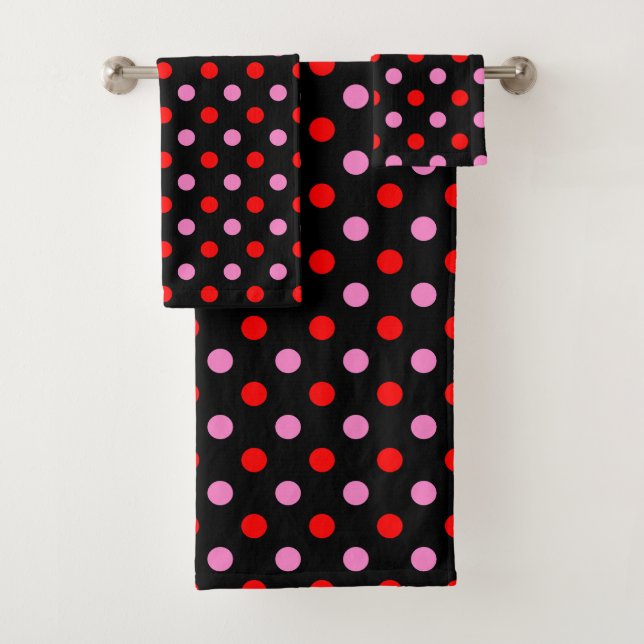Conjunto De Toalhas Design de bolinhas vermelhas e rosas em preto (Insitu)