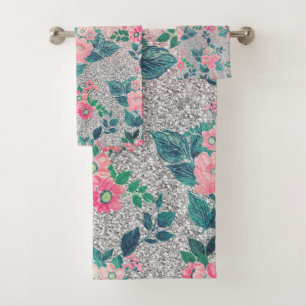 Conjunto De Toalhas Design de Brilho de Prata Rosa e Floral