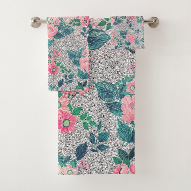 Conjunto De Toalhas Design de Brilho de Prata Rosa e Floral (Insitu)