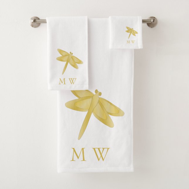 Conjunto De Toalhas Design de Libélula Dourada Monogramada (Insitu)