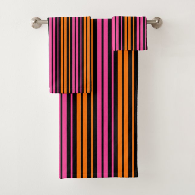 Conjunto De Toalhas Design de Listras Verticais Laranja Preto Rosa   (Insitu)