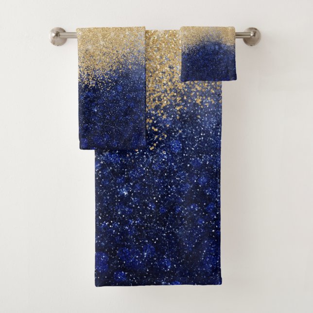Conjunto De Toalhas Design de luxo de Ombre Dourado e azul com brilho (Insitu)