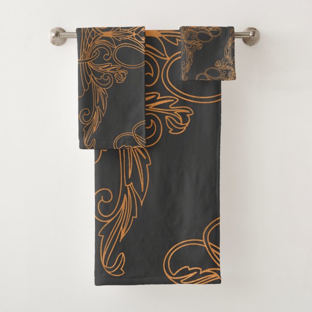 Conjunto De Toalhas Design de luxo, padrão floral, cinza escura, cobre (Insitu)