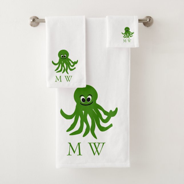 Conjunto De Toalhas Design de polvo verde monogramado (Insitu)